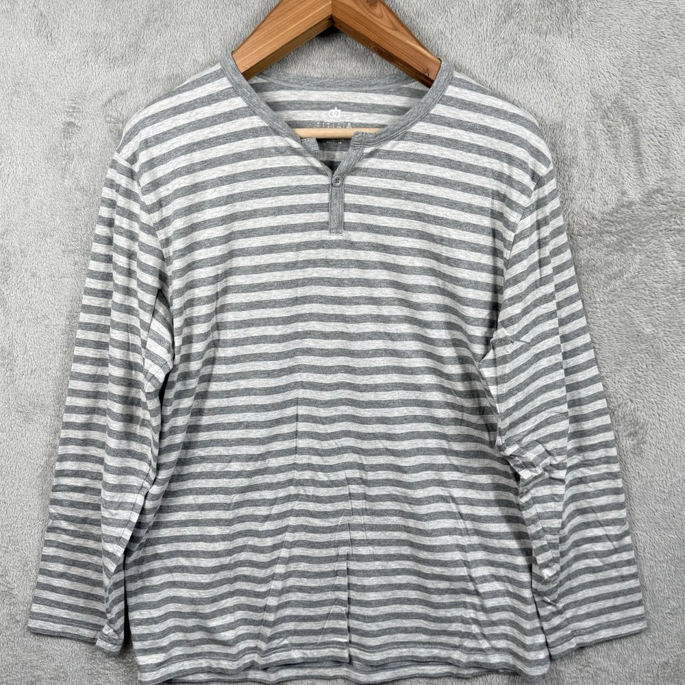 David Archy Henley Shirt Mens L Gray Striped 3/4 Sleeve Cotton Casual Everyday
